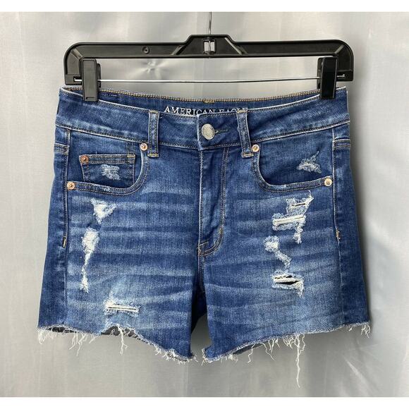 American Eagle Hi-Rise Shortie Sz 4 Denim Jean Shorts Holes Raw Hems - Picture 1 of 8